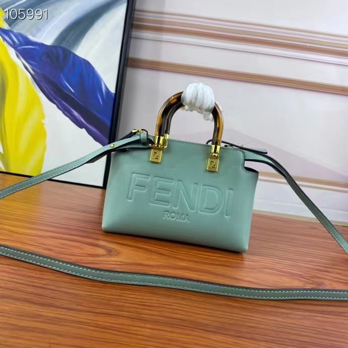 Fendi Women FF By The Way Mini Small Boston Bag Mint Green Leather