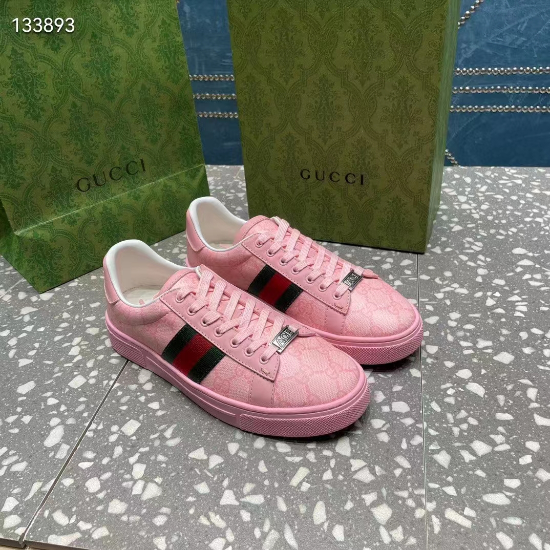 Gucci Women GG Ace Sneaker Web Pink GG Crystal Canvas Rubber Low-Heel