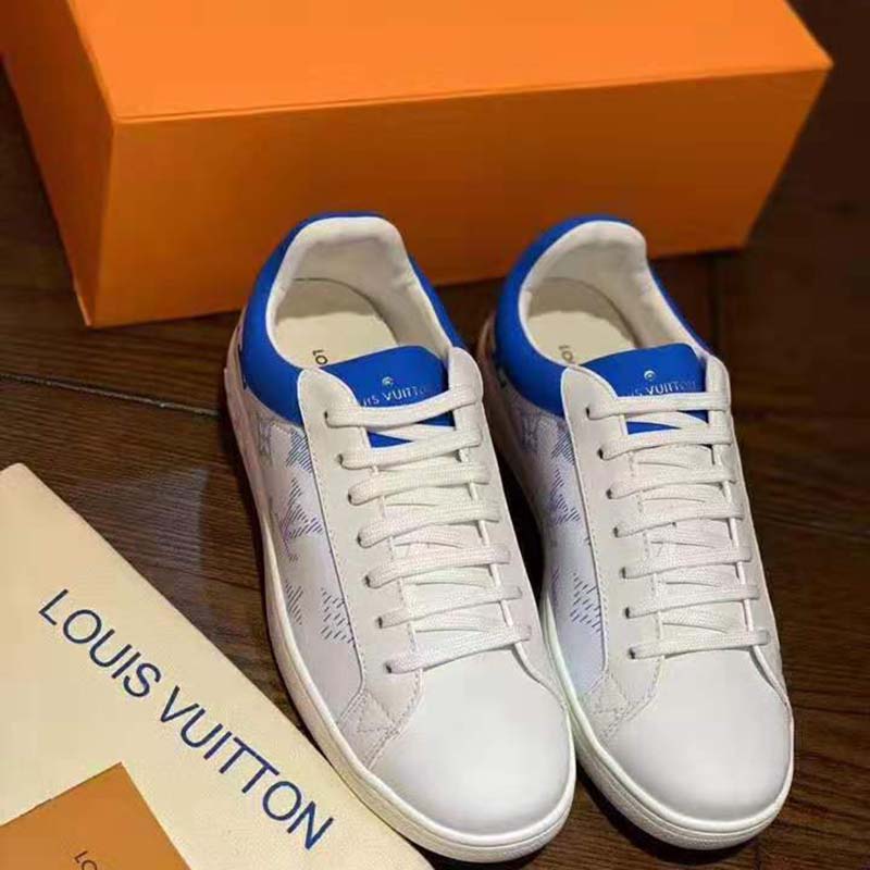 Louis Vuitton LV Unisex Luxembourg Sneaker in White Grained Calf Leather-Blue