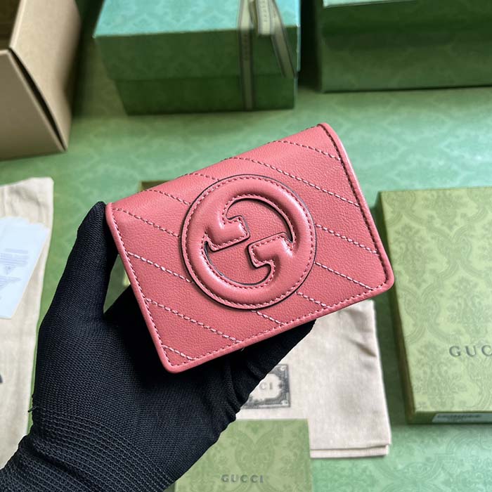 Gucci GG Unisex Blondie Card Case Wallet Pink Leather Taffeta Lining Round Interlocking G