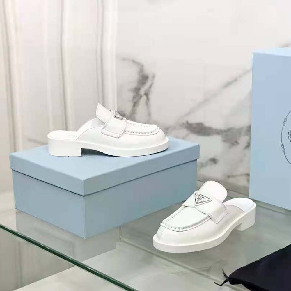 Prada Women Chocolate Brushed Leather Mules-White