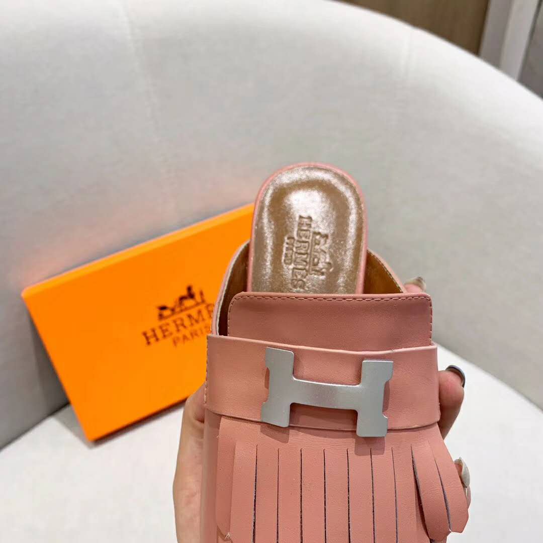 Hermes Women Alma Sandal Goatskin with Fringe Detail-Pink