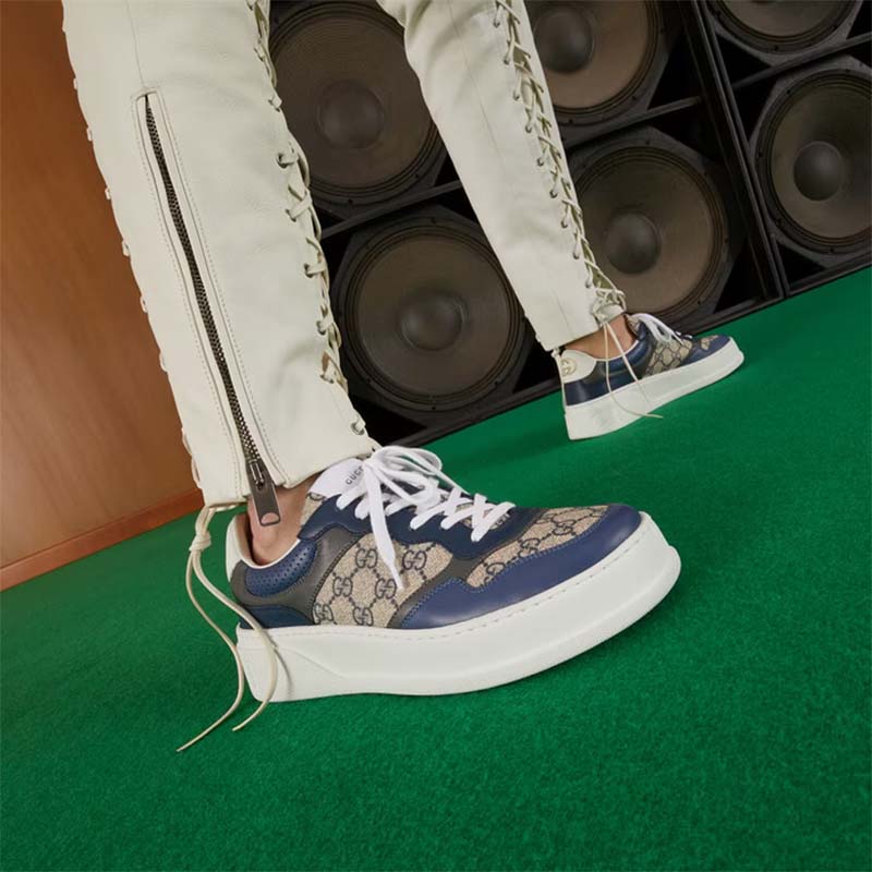 Gucci Unisex GG Sneaker Beige Blue Supreme Canvas Rubber Mid 5.5 Cm Heel