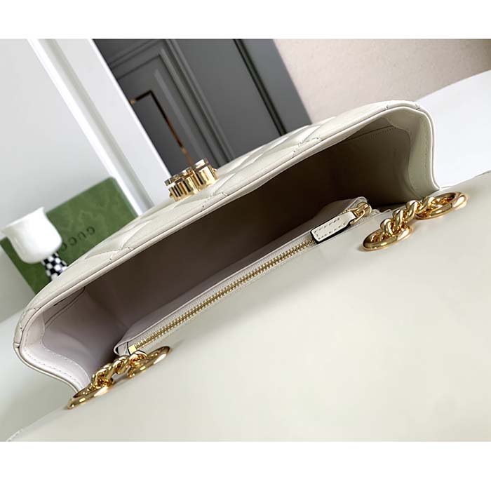 Gucci Women GG Deco Small Shoulder Bag Off White Quilted Leather