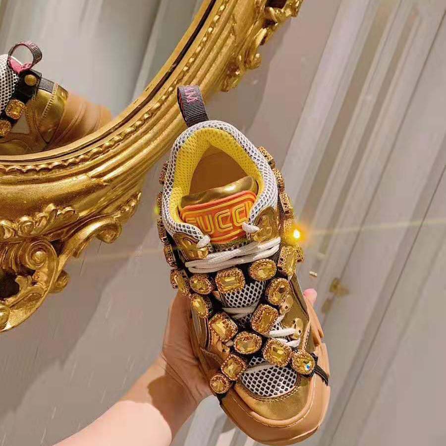 Gucci Women Flashtrek Sneaker with Removable Crystals 5.6cm Height-Gold