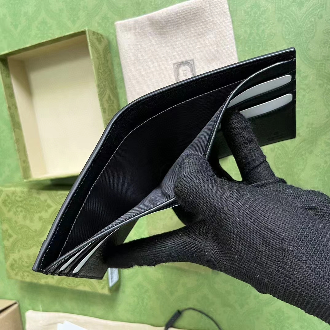 Gucci Unisex GG Wallet Interlocking G Black Leather Palladium-Toned Hardware Moiré Lining