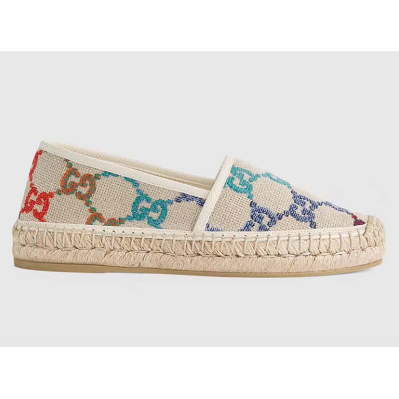 Gucci Unisex GG Espadrille Multicolor GG Linen Canvas Cord Platform Rubber Bottom
