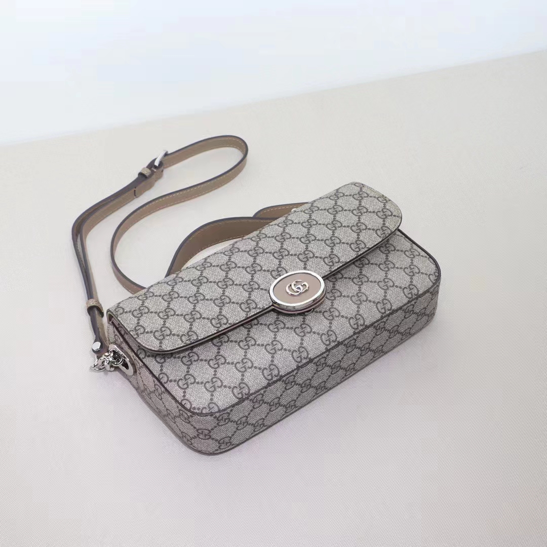 Gucci Women Petite GG Small Shoulder Bag Beige Ebony GG Supreme Canvas Double G