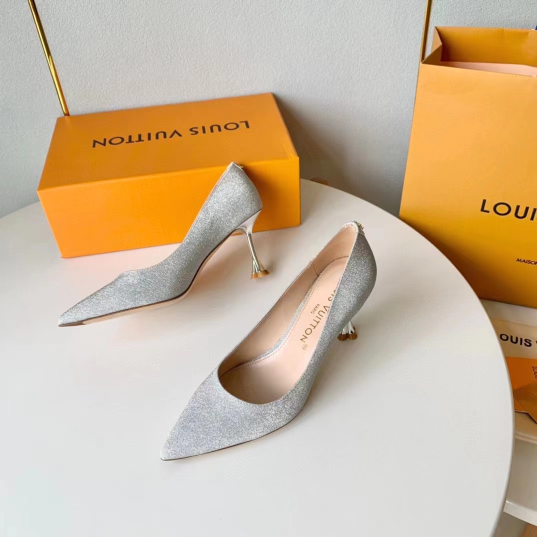 Louis Vuitton LV Women Blossom Pump Silver Textile Leather 9.5 CM Monogram Flower Heel