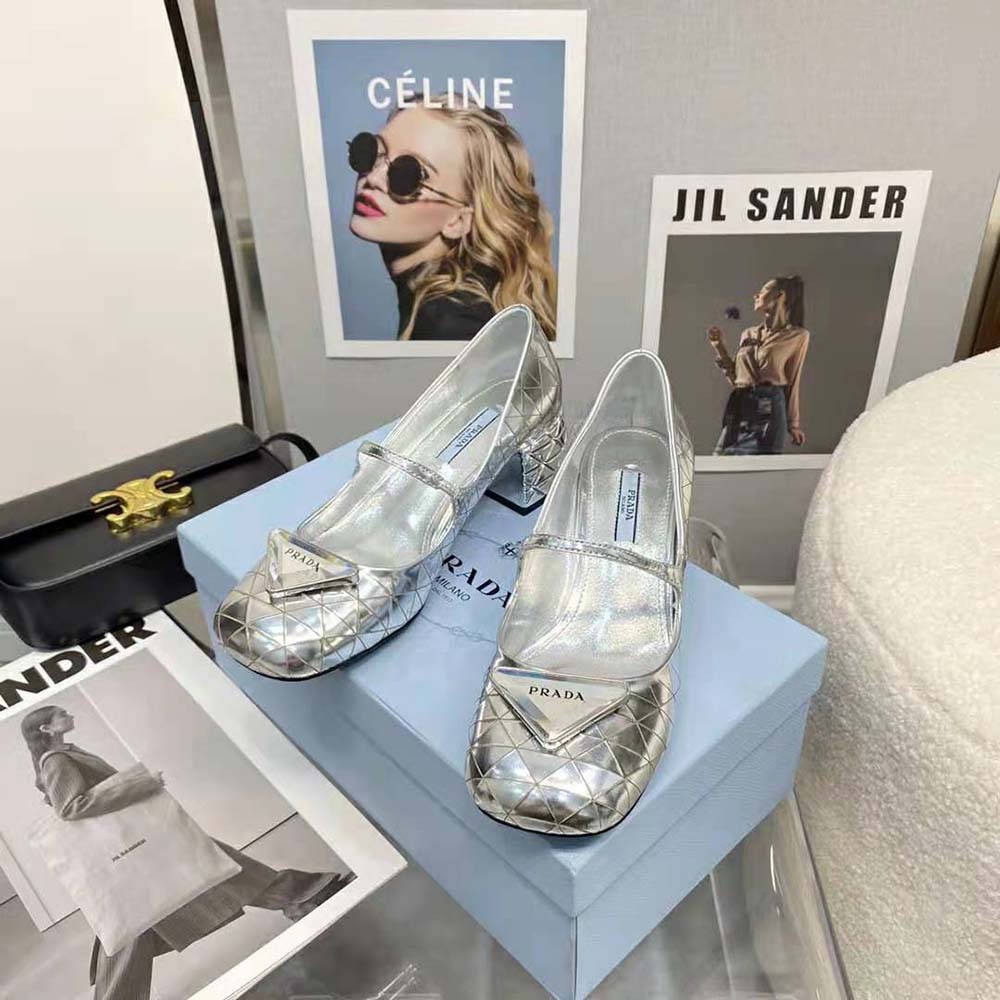 Prada Women Metallic Leather Pumps in 45mm Heel Height-Silver