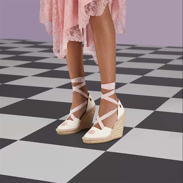 Gucci Women Espadrilles Ribbon Tie White Cotton Canvas Pink Interlocking G Embroidery