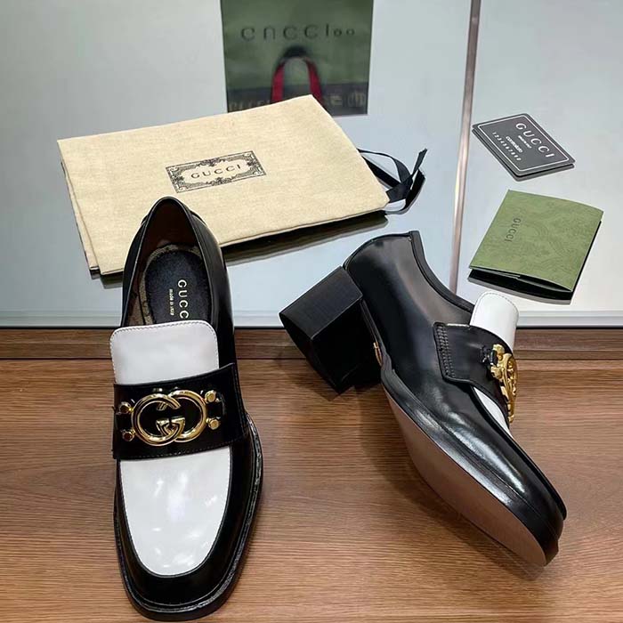 Gucci Women GG Loafer Interlocking G Black White Leather Mid 6 Cm Heel