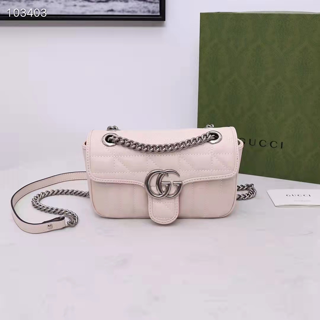 Gucci Women GG Marmont Mini Shoulder Bag White Double G Matelassé Leather