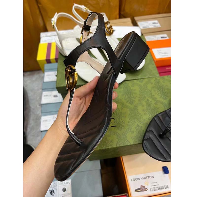 Gucci Women GG Double G Sandal Black Leather Sole Double G 5 Cm Heel