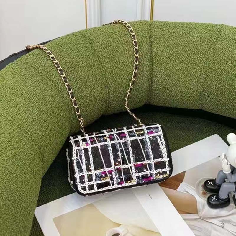 Chanel Women CC Classic Handbag Embroidered Satin Sequins Gold-Tone Metal