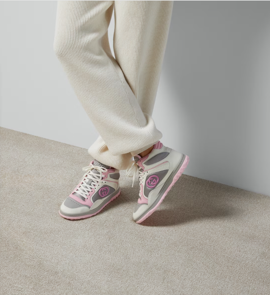 Gucci Unisex Mac80 High Top Sneaker Off White Pink Leather Round Toe Rubber Sole Flat