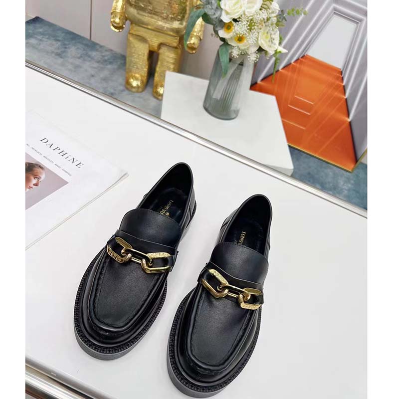 Louis Vuitton LV Women Loafer Black Glazed Calf Leather Blake Construction Monogram Flowers