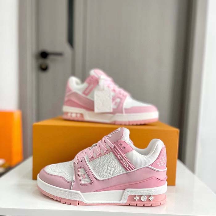 Louis Vuitton Unisex LV Trainer Sneaker Pink Mix Materials Rubber Initials Monogram Flowers