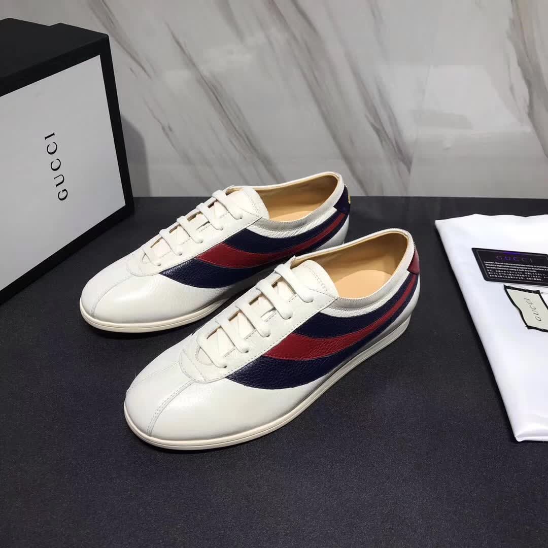 Gucci Men Leather Low-Top Sneaker Shoes with Web Stripe-White
