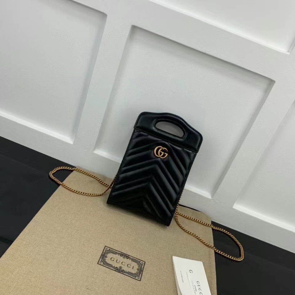 Gucci Women GG Marmont Top Handle Mini Bag Black Matelassé Chevron Leather