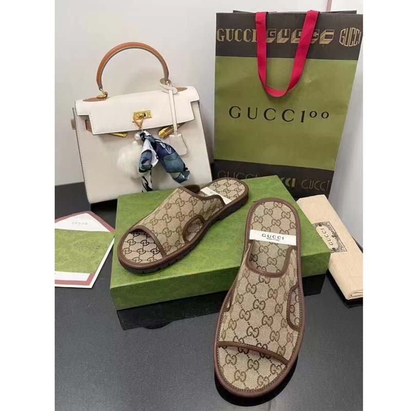 Gucci Unisex GG Supreme Slide Sandal Beige Ebony Canvas Rubber Flat 1 Cm Heel