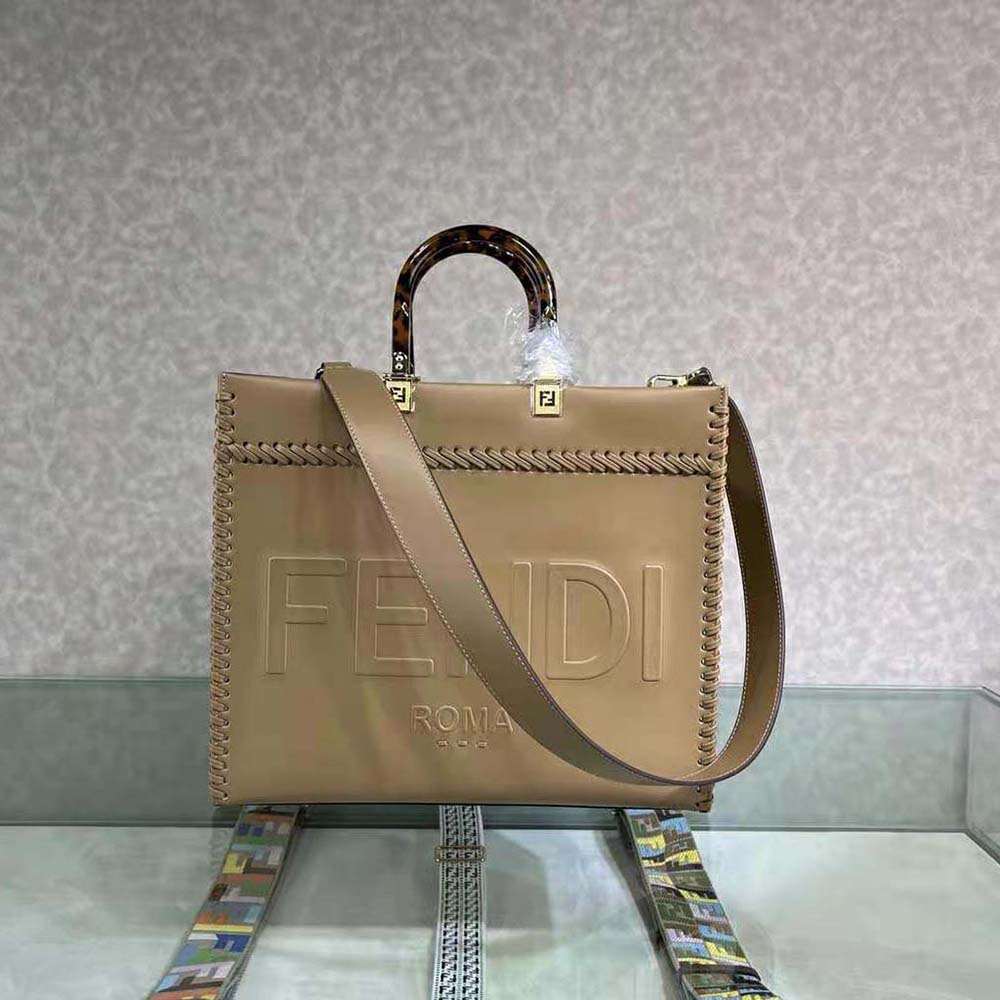 Fendi Women Sunshine Medium White Leather Shopper with Decorative Stitching
