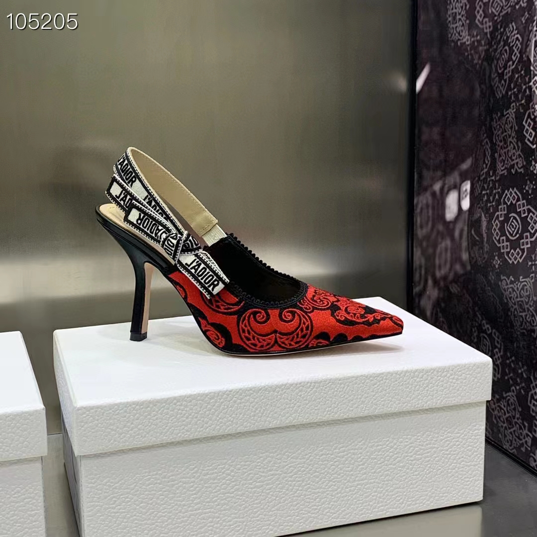 Dior CD Women J’Adior Slingback Pump Black Red Cotton Dior Bandana Embroidery