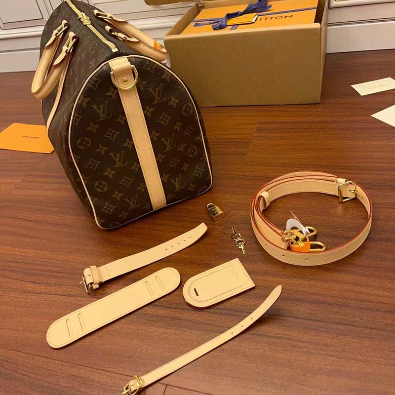 Louis Vuitton LV Unisex Keepall Bandoulière 45 Monogram Canvas Natural Cowhide Leather