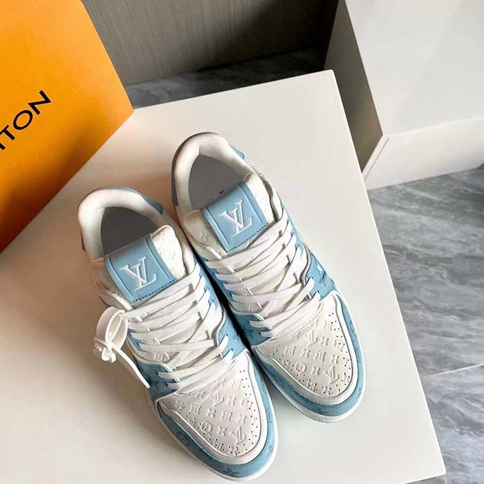 Louis Vuitton Unisex LV Trainer Sneaker Blue Mix Materials Rubber Initials Monogram Flowers