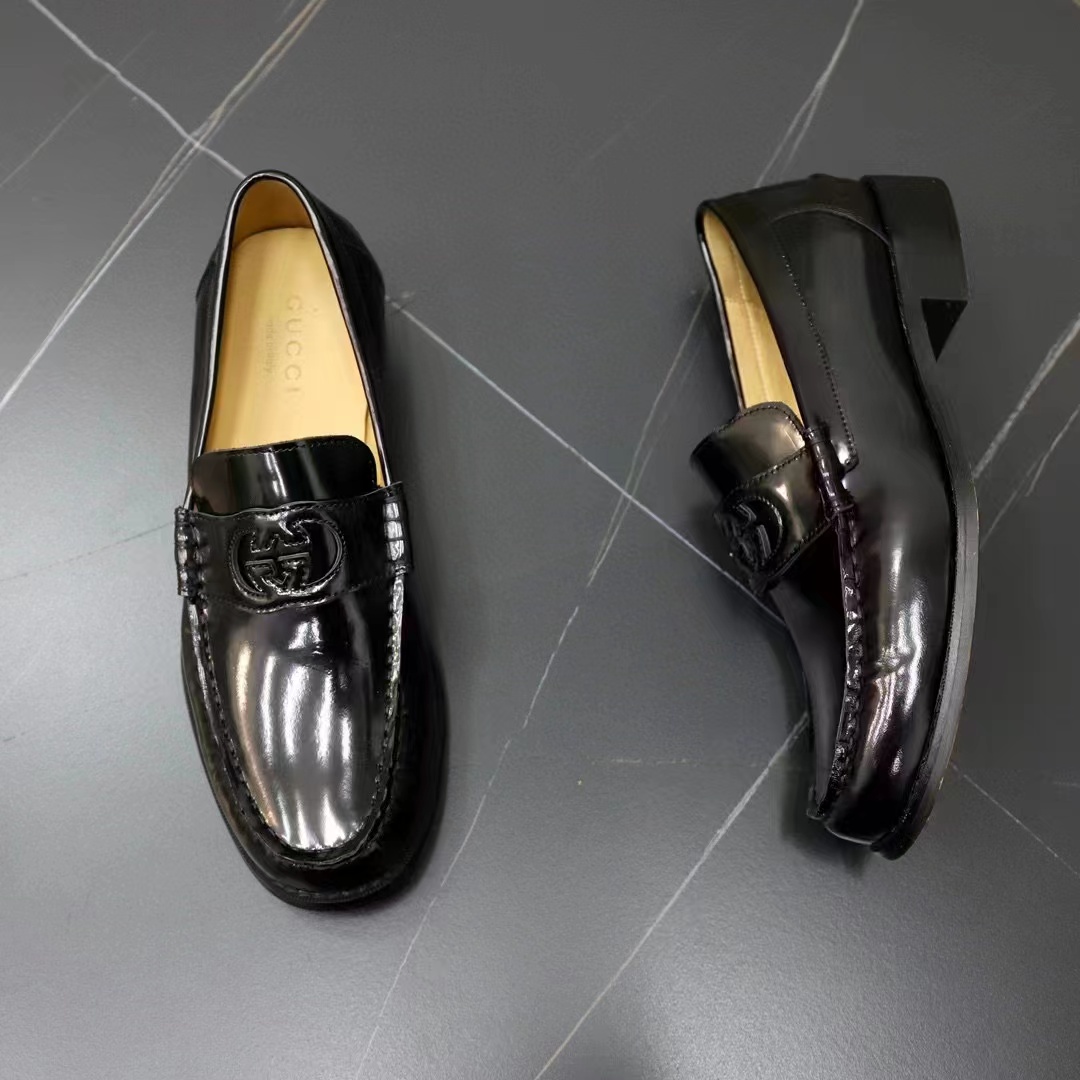 Gucci Unisex GG Interlocking G Loafer Black Leather Flat 1.5 CM Heel