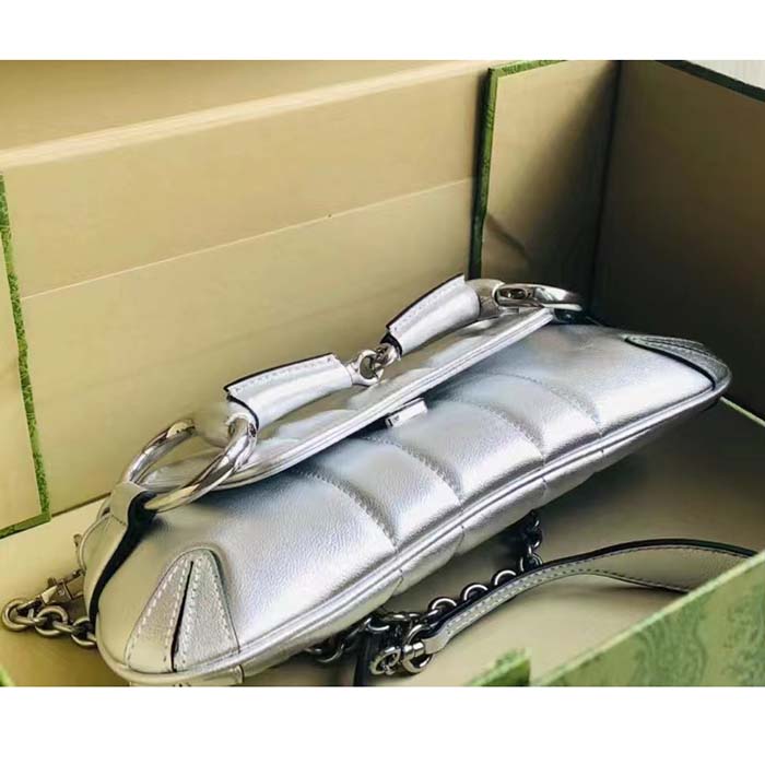 Gucci Women GG Horsebit Chain Small Shoulder Bag Silver Metallic Quilted Leather Maxi Horsebit