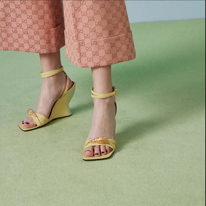 Gucci Women GG High-Heel Sandal Hardware Yellow Patent Leather Square Toe Geometric-Shaped Heel