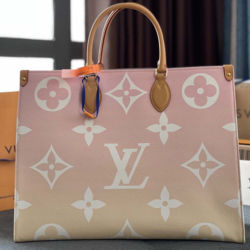 Louis Vuitton LV Women OnTheGo GM Tote Bag Pink Monogram Giant Coated Canvas Raffia