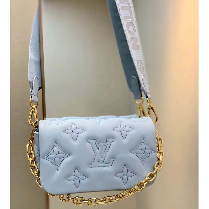 Louis Vuitton LV Women Wallet On Strap Bubblegram Blue Monogram Embroidered Quilted Calf