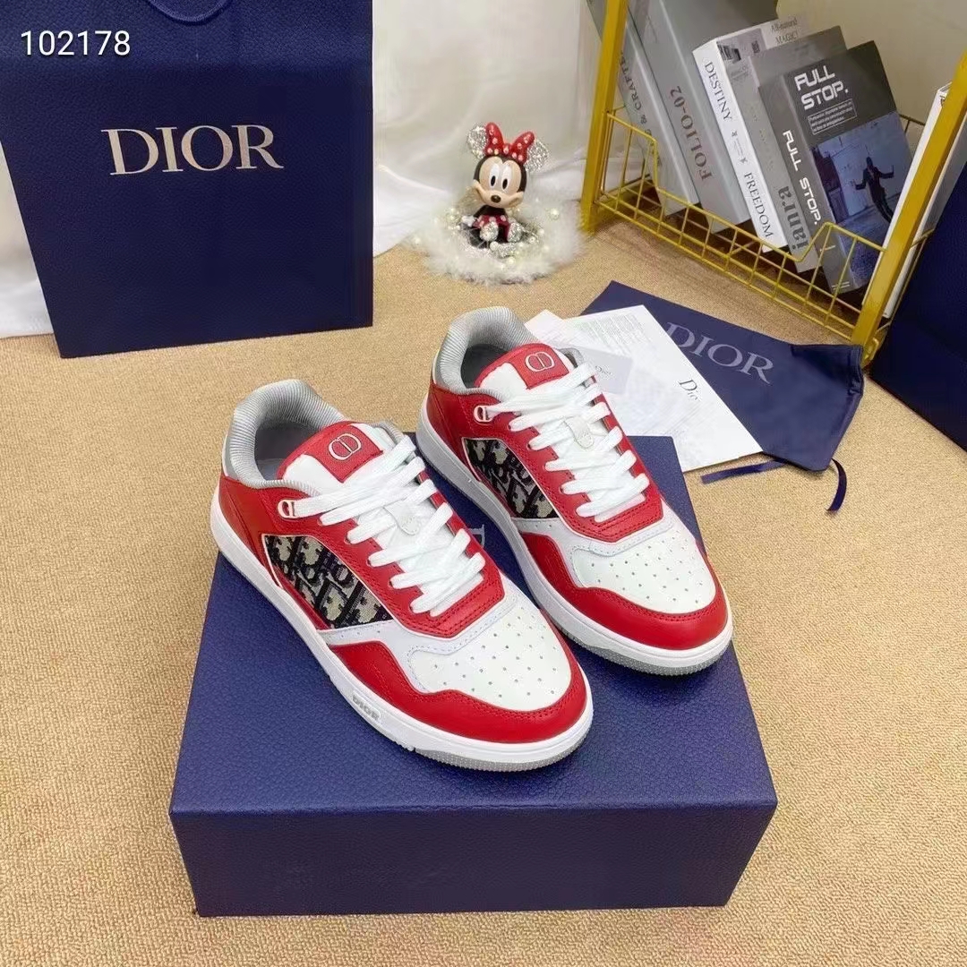 Dior Unisex Shoes CD B27 Low-Top Sneaker Red Gray White Smooth Calfskin Oblique Jacquard