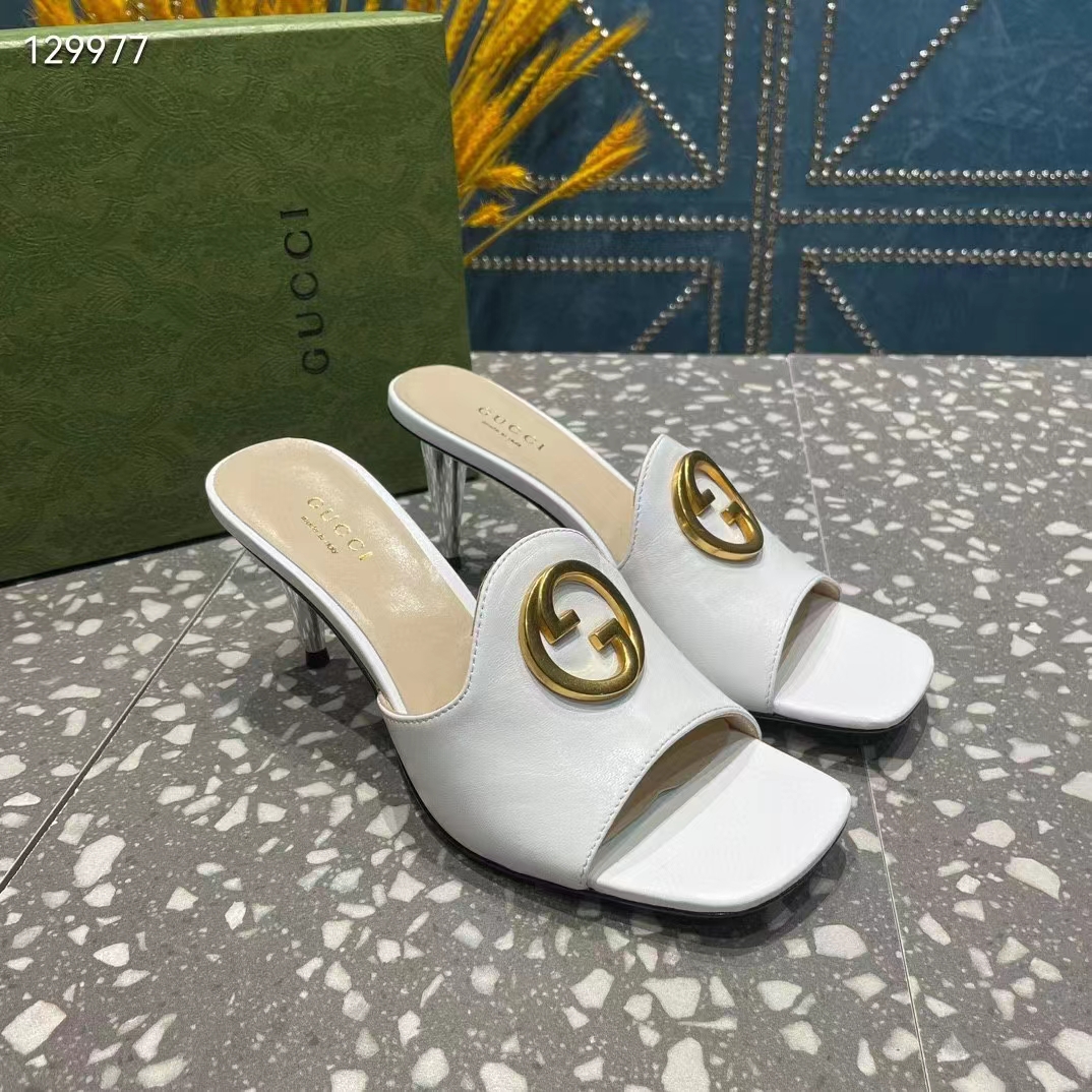 Gucci Women GG Blondie Slide Sandal White Leather Metallic Mid Heel 6.6 Cm Heel