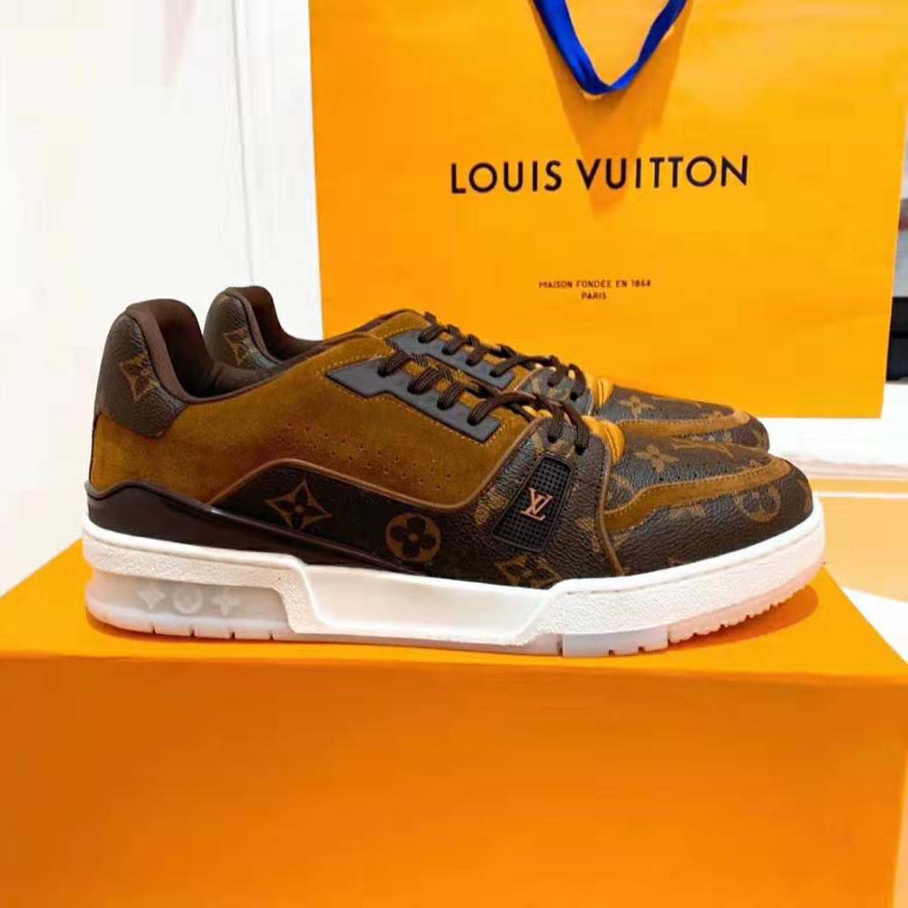 Louis Vuitton LV Unisex LV Trainer Sneaker in Monogram Canvas and Suede Calf Leather-Brown