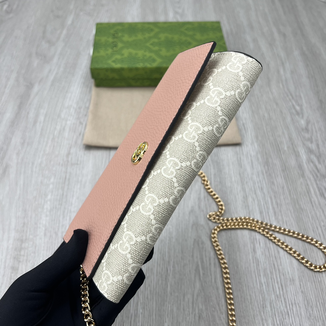Gucci Women GG Marmont Chain Wallet Beige White GG Supreme Canvas Pink Leather