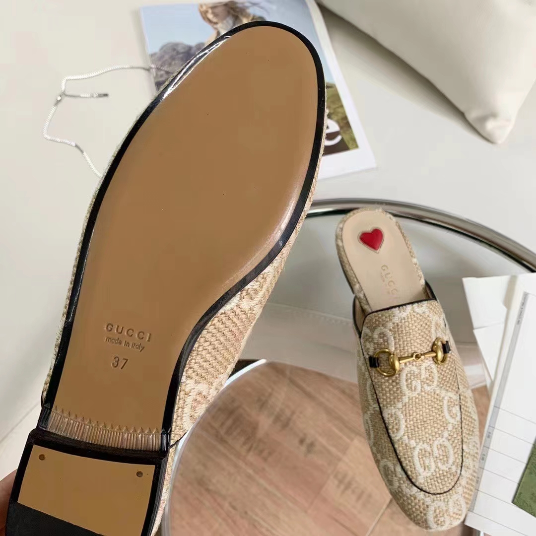 Gucci Women Maxi GG Princetown Slipper Beige White GG Raffia Effect Fabric Flat