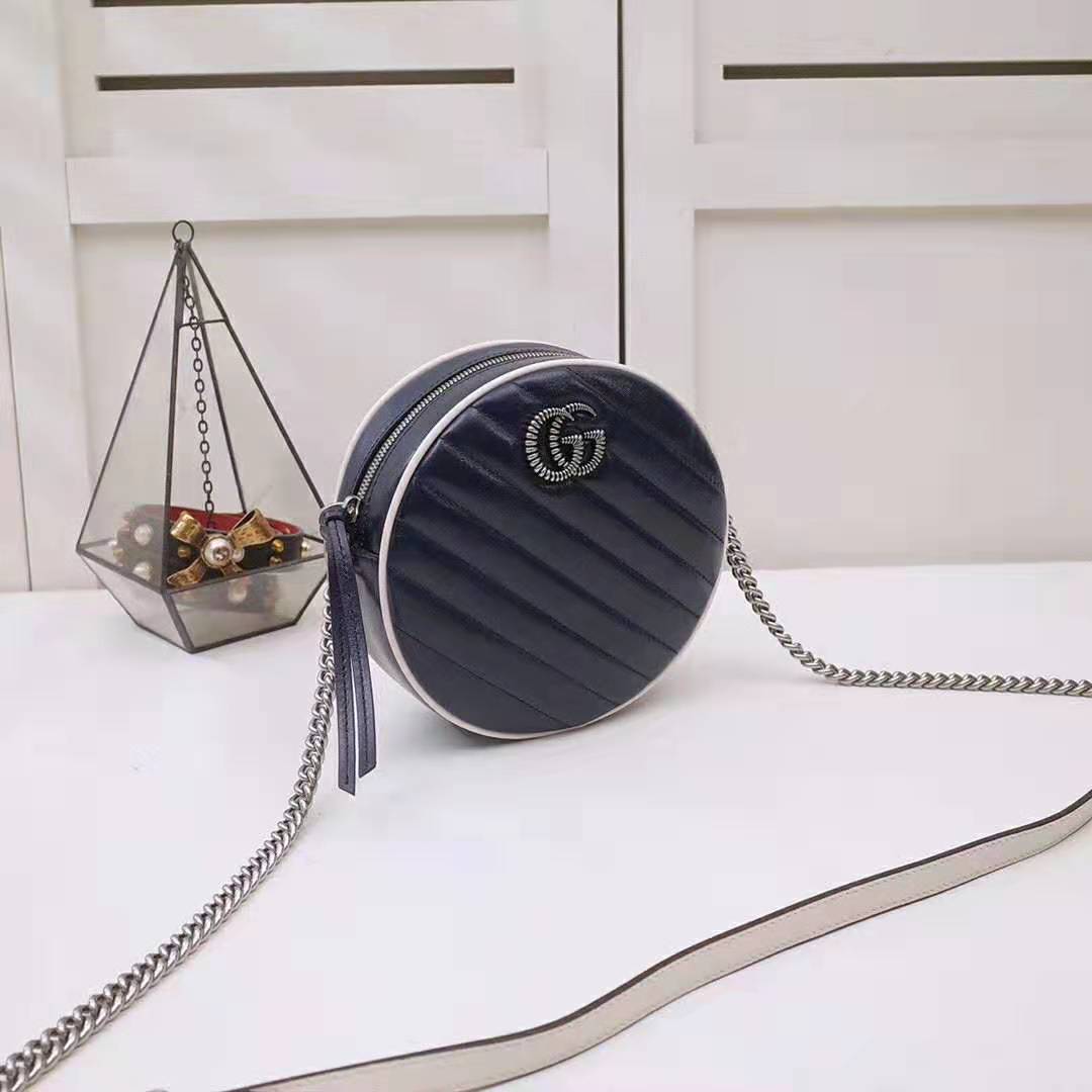 Gucci GG Women GG Marmont Mini Round Shoulder Bag in Blue Diagonal Matelassé Leather
