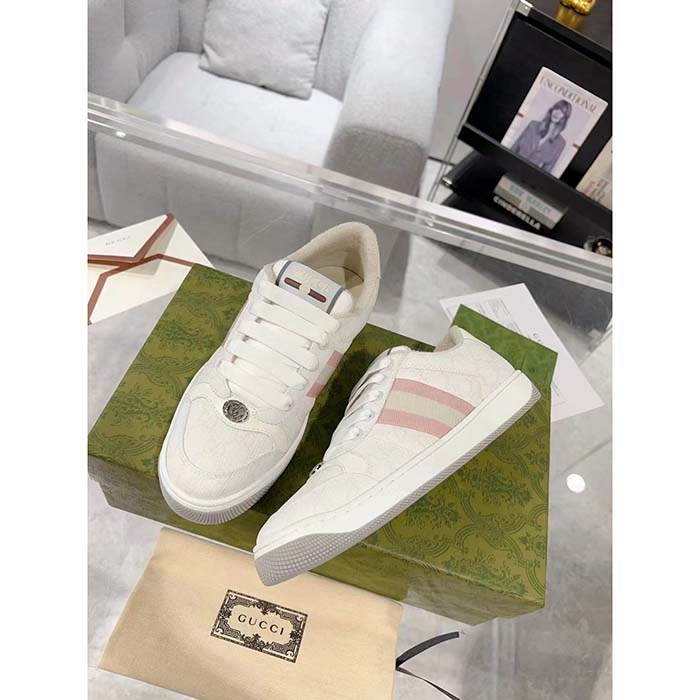 Gucci Unisex Screener Sneaker White GG Supreme Canvas Rubber Sole Lace-Up Low Heel