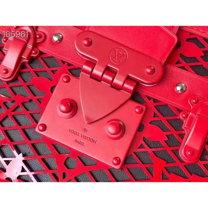 Louis Vuitton LV Women Petite Malle Handbag Red Patent Calfskin Cowhide Leather