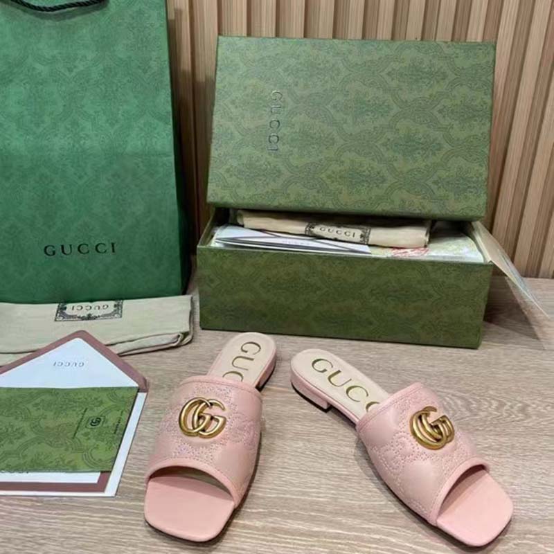 Gucci Women GG Matelassé Slide Sandal Beige Double G Square Toe Flat