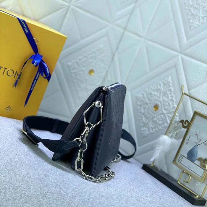 Louis Vuitton LV Women Coussin PM Handbag Marine Blue Monogram Embossed Puffy Lambskin Calfskin Leather