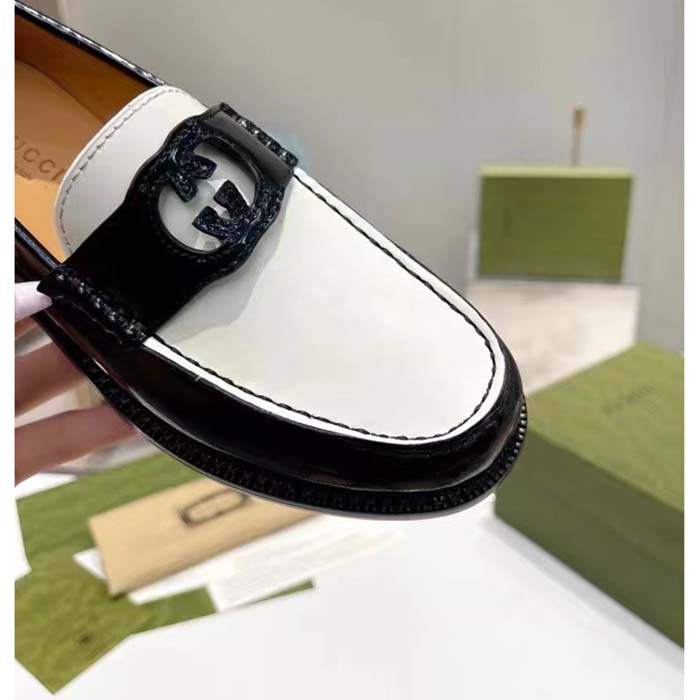 Gucci Unisex GG Interlocking G Loafer Black White Leather Sole Flat 1.5 CM Heel