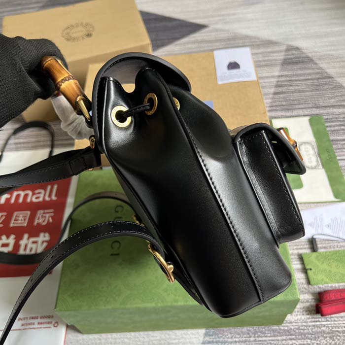 Gucci Unisex GG Bamboo Small Backpack Black Leather Bamboo Handle