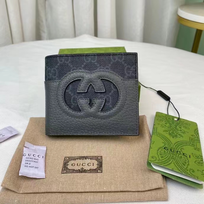 Gucci Unisex Wallet Cut-Out Interlocking G Black Grey GG Supreme Canvas