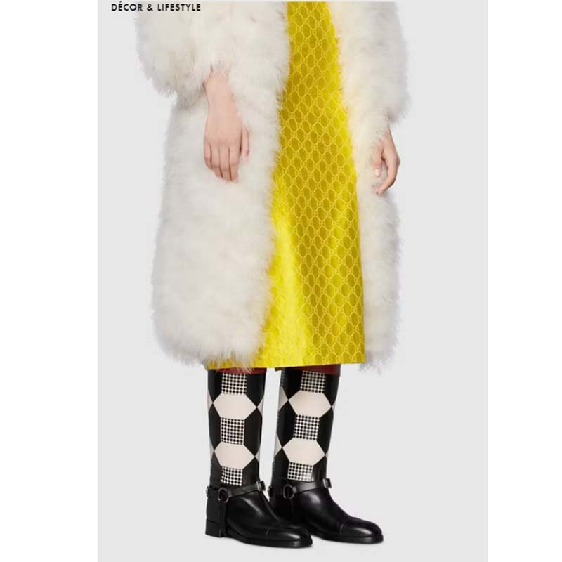 Gucci Women Knee-High Optical Print Boot Black Brown Leather Interlocking G