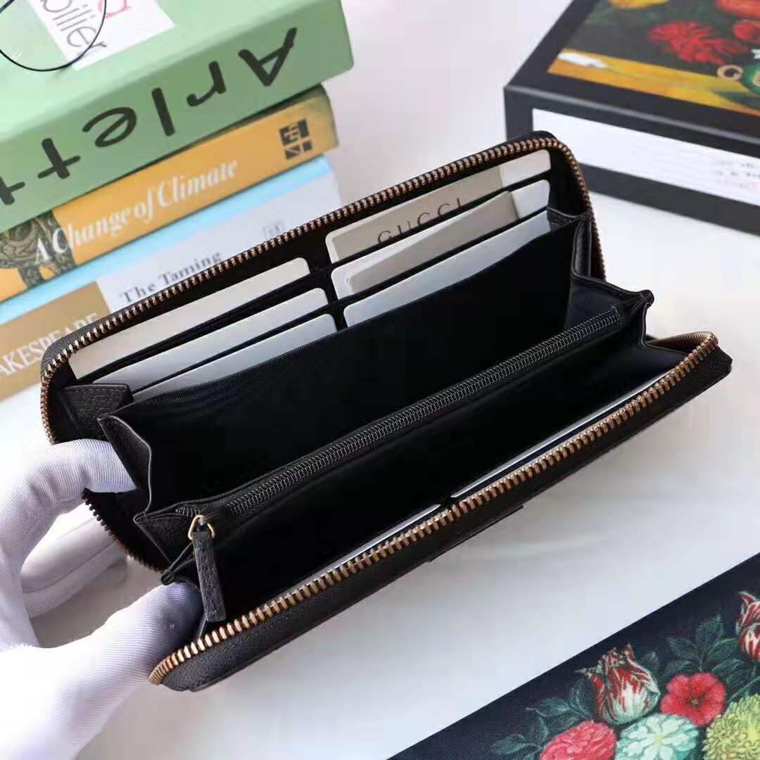 Gucci GG Unisex Leather Zip Around Wallet with Web in Black Leather