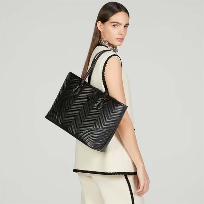 Gucci Women GG Marmont Large Tote Bag Black Matelassé Chevron Leather